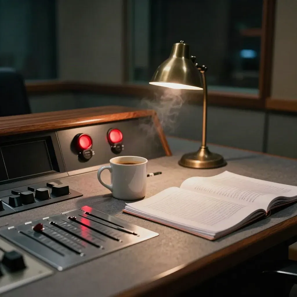 Late-night radio studio console with red on-air glow, mug, face-down scripts, and desk lamp.