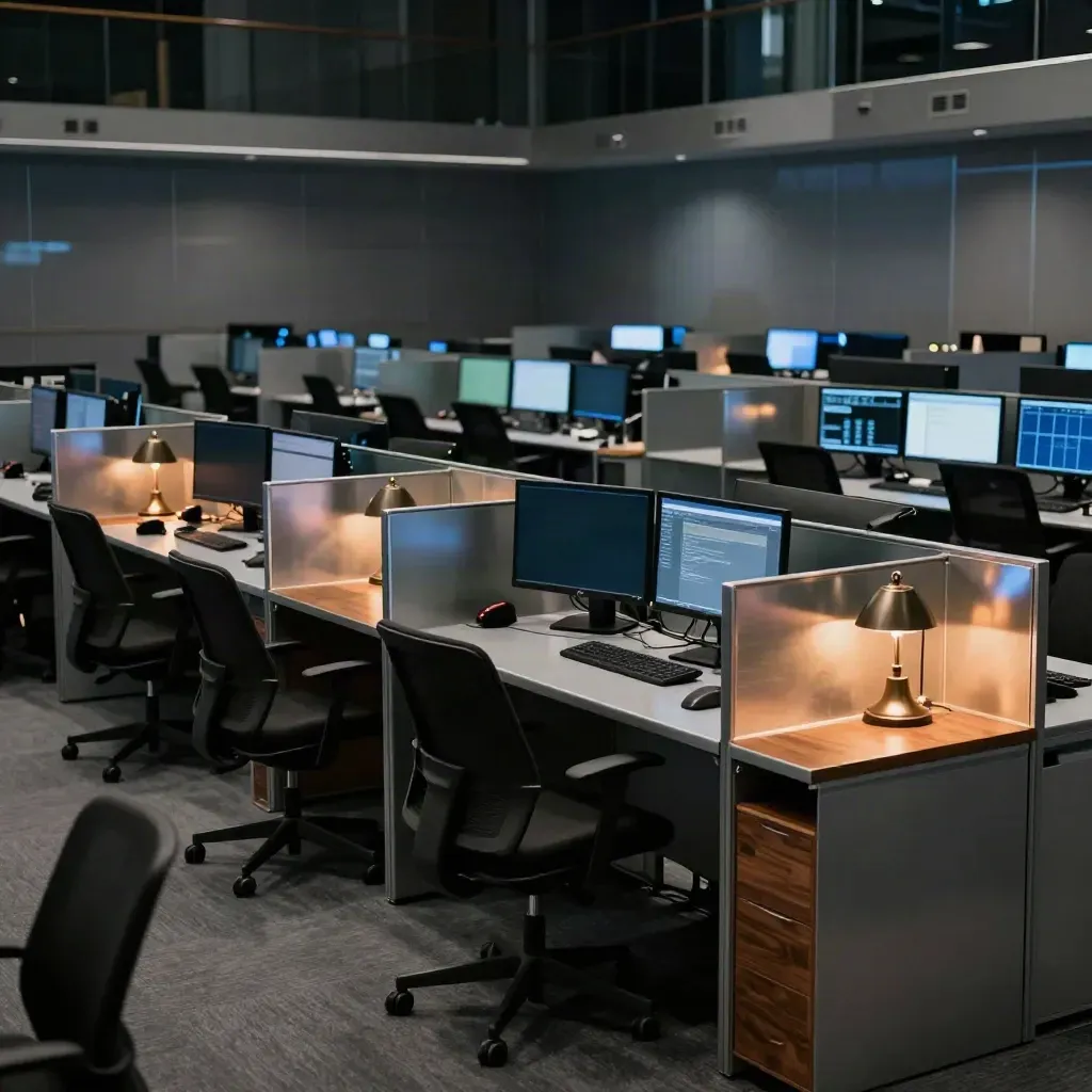 Empty trading floor after hours with glowing monitors, pushed-back chairs, and warm desk lamps in haze