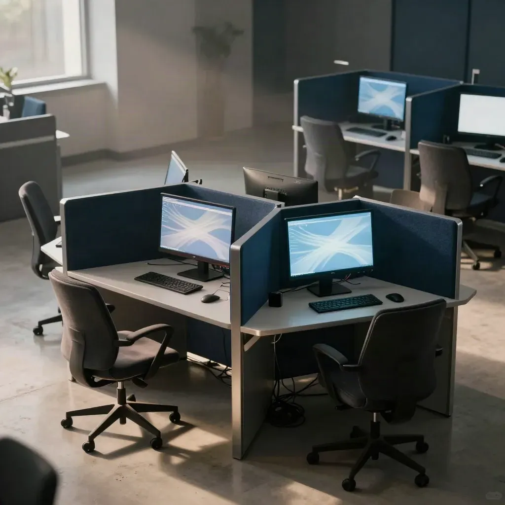 Empty newsroom island with glowing monitors, navy chairs, and haze in moody side light