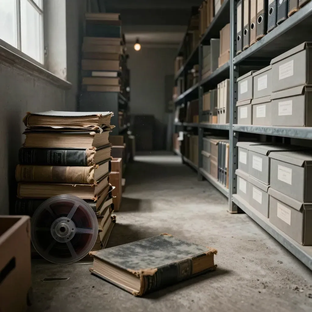 Dusty archive volumes, microfilm reels, and file boxes in cool basement light.