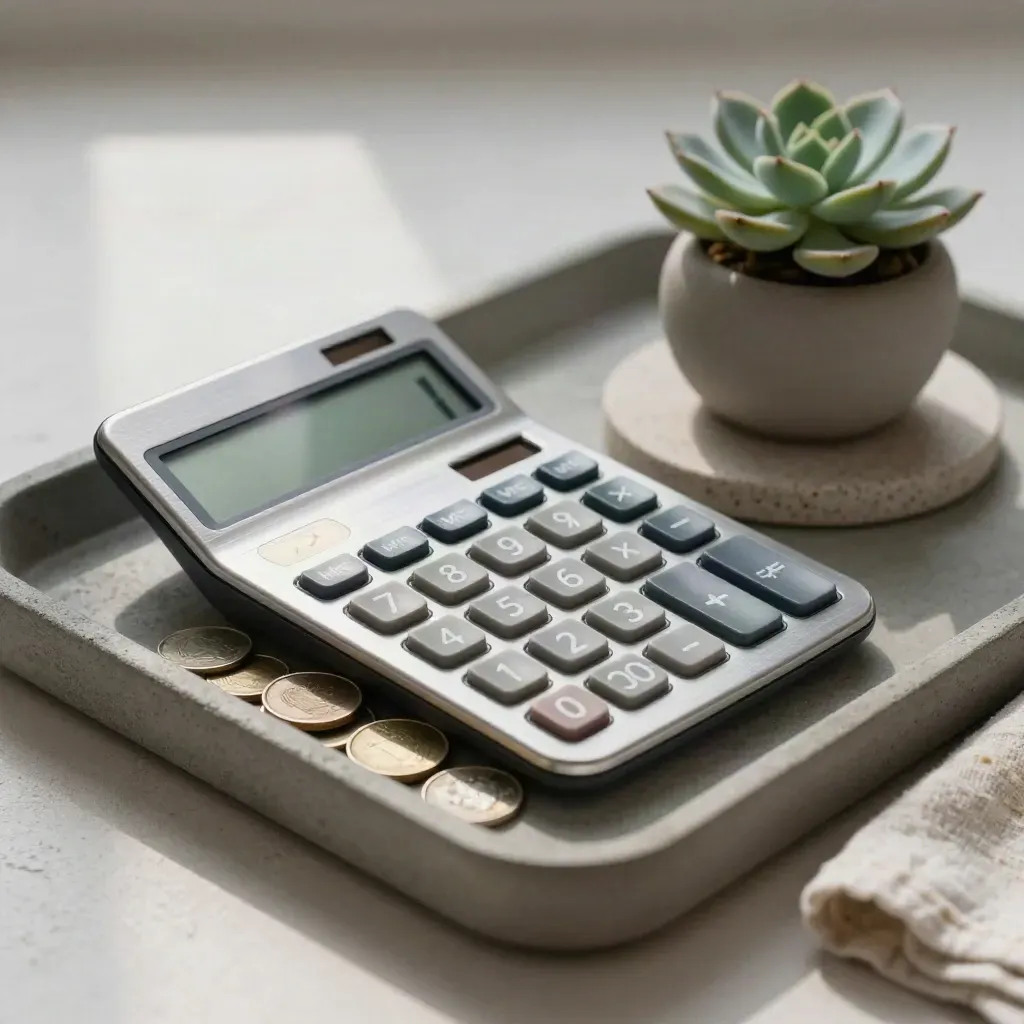 Brushed calculator with coins, stone coaster and succulent on a concrete tray in soft daylight